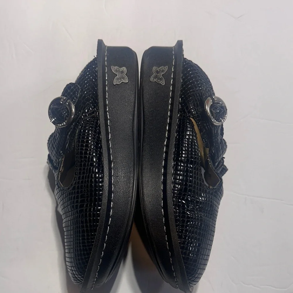 Alegria Black snakeskin Glossy Mary Jane slip on clogs w adjustable side strap - Picture 6 of 11